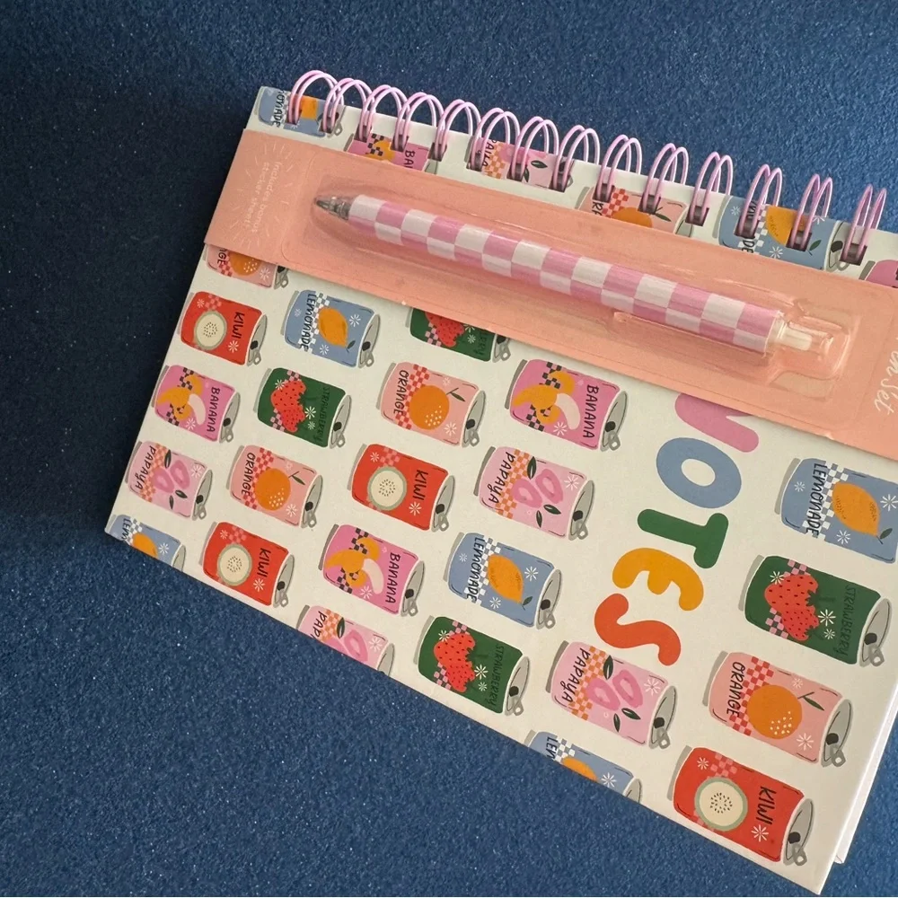 Colorful sodaThemed spiral Notebook and checkered pink/white Pen Set-so cute💕